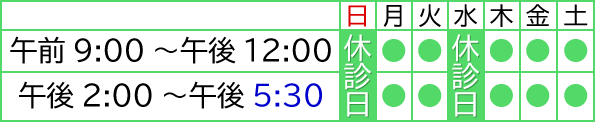 診察時間表・水曜と日曜は休診